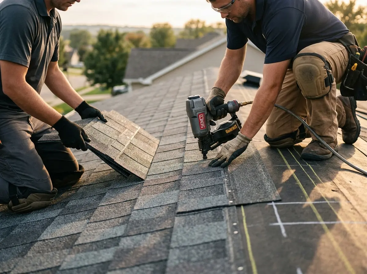 Professional roofer working on a residential roof in East Haddam